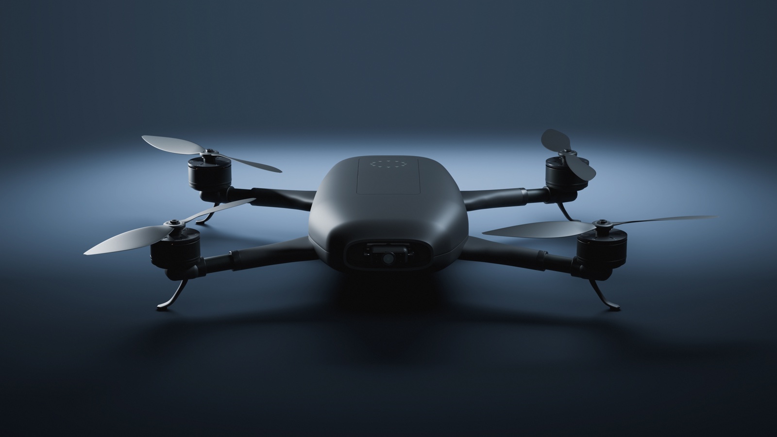 ARRAY D-01 drone concept in a blue-grey studio, seen from the front.